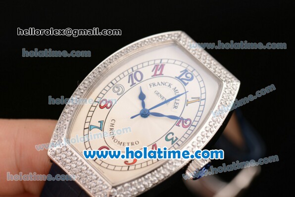 Franck Muller Chronometro Miyota Quartz Steel Case with Diamond Bezel Blue Leather Bracelet and Colorful Numeral Markers - Click Image to Close
